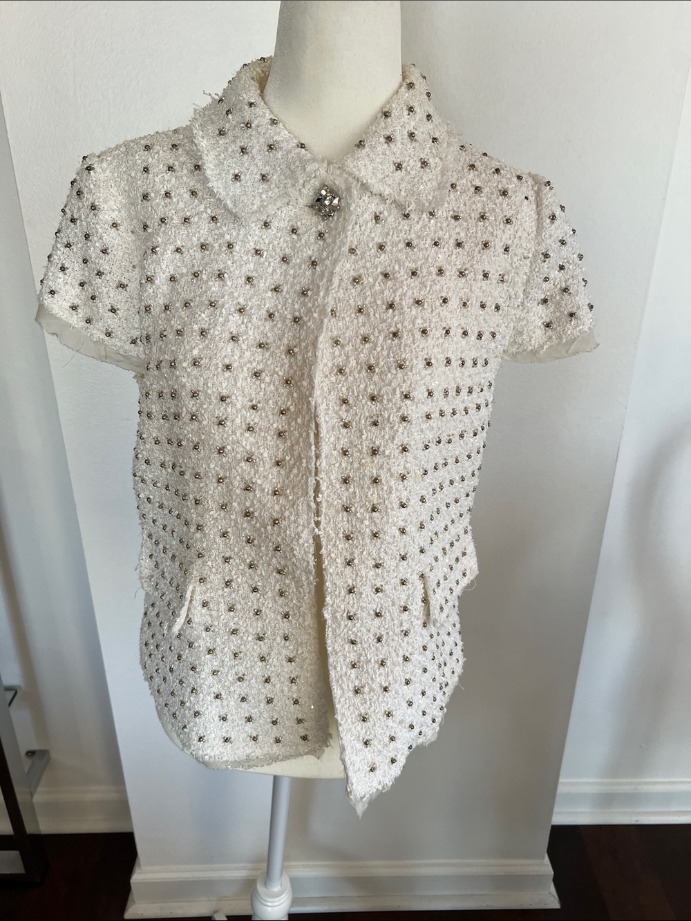 Zara Ivory Short-Sleeve Tweed Jacket with Stud Embellishments